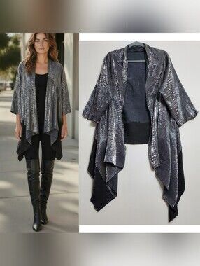 Caron Miller one size shimmery open front cardigan 3/4 sleeves silver luxury